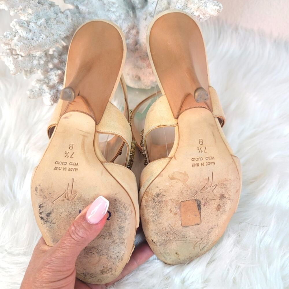 GIUSEPPE ZANOTTI Tan Leather Strappy Sandals w Crystal Embellished Italian 7.5 - Picture 14 of 16